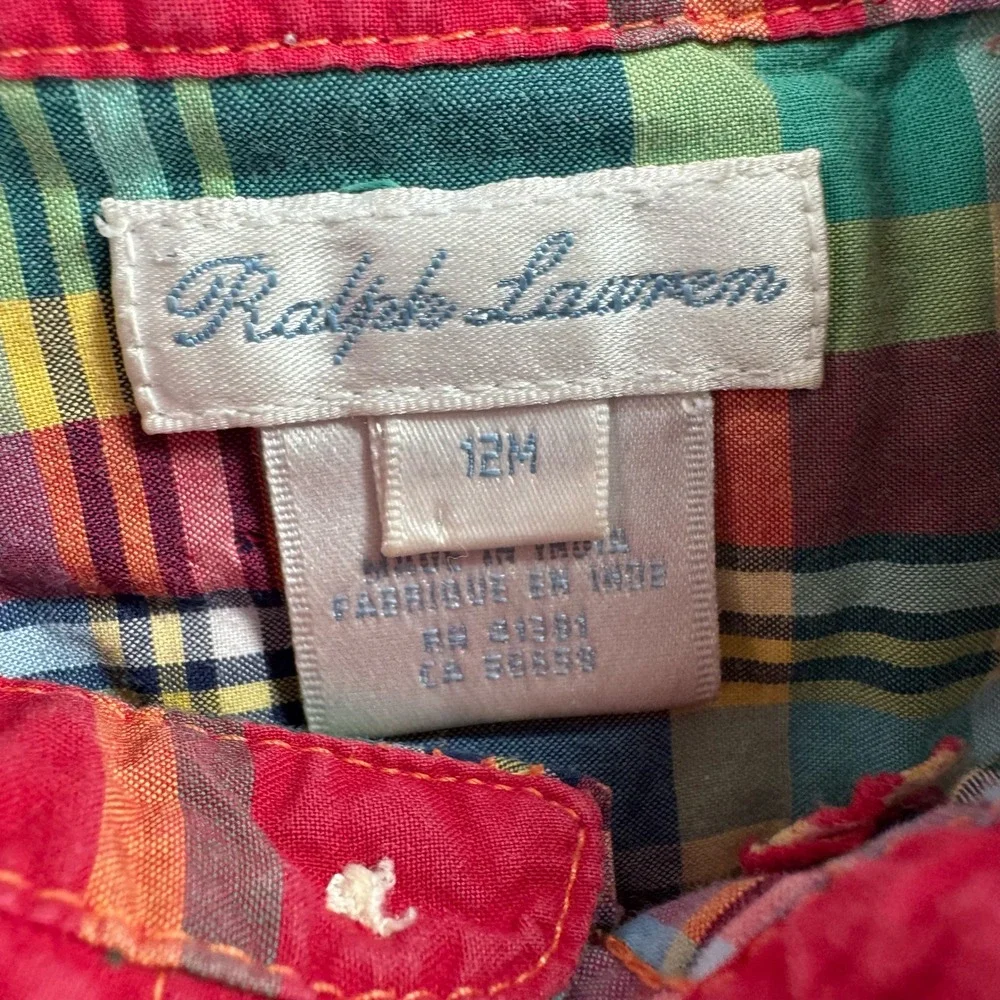 Ralph Lauren Toddler 12M Plaid Button Down Shirt Red Multi Long Sleeve Pony Logo